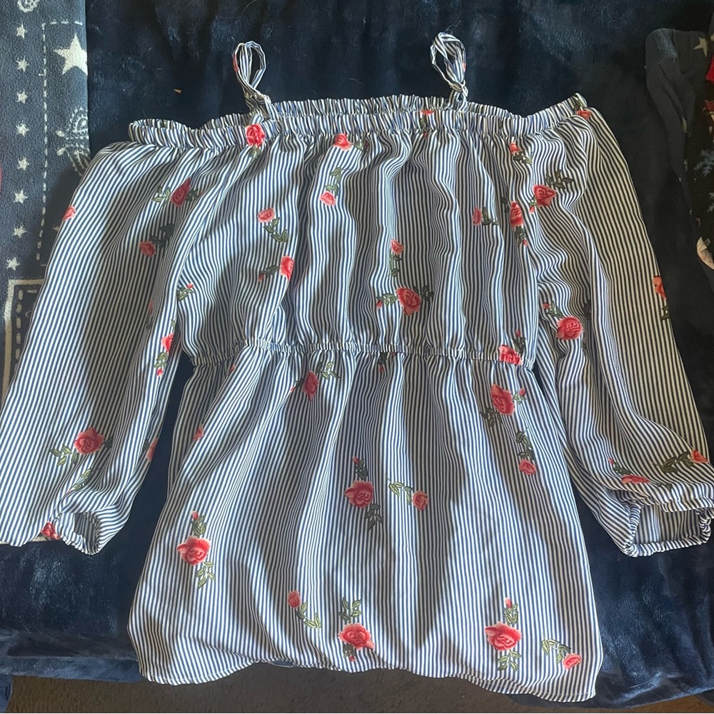 Blue stripe with roses blouse